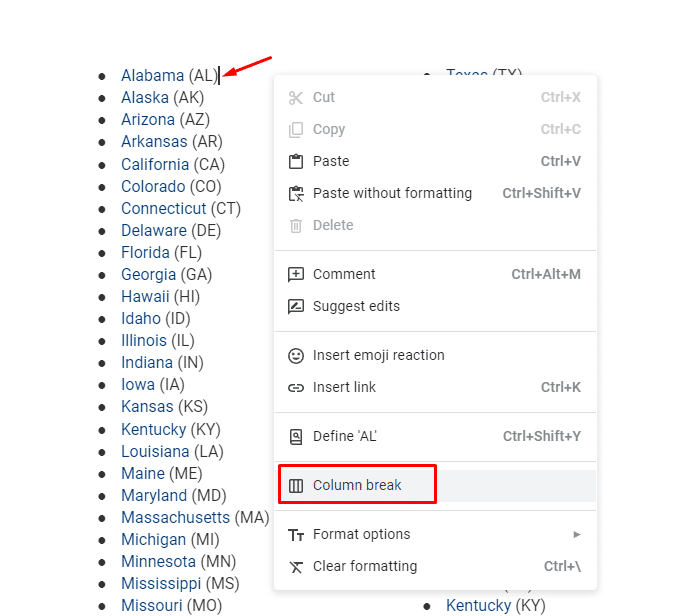 How to use column break in Google Docs