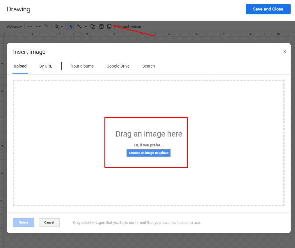 Drag an image to Google Docs drawing tool