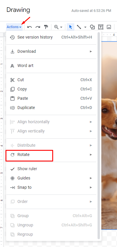 Location of the rotate selection in Google Docs