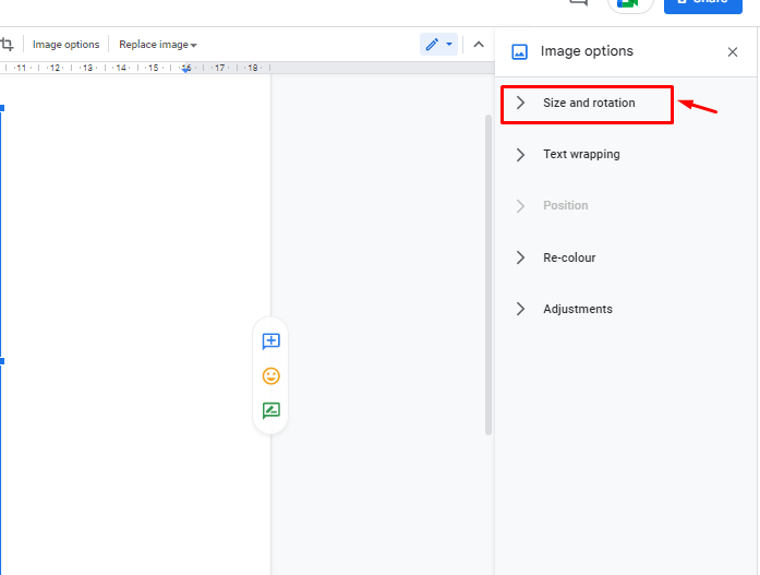 Size and rotation option for images in Google Docs