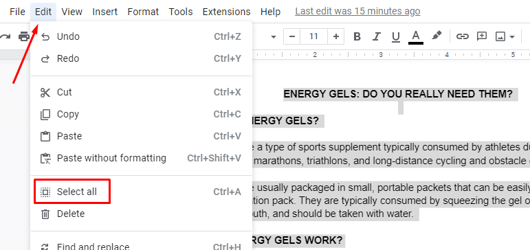 Where to find select all option in Google Docs