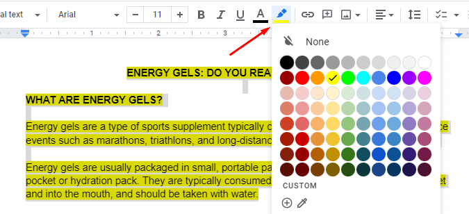 Selecting highlighter color in GDocs