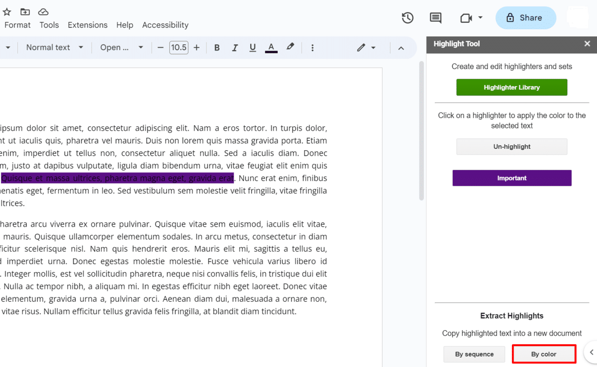 Toggle By color under Extract Highlights in GDocs