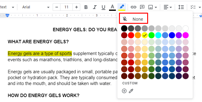 Remove highlighting by clicking "none" Google Docs