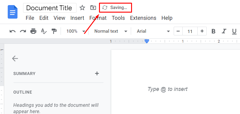 Google Docs document automatically saving screenshot