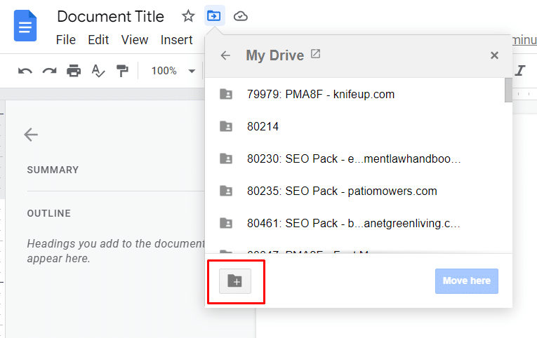 Where to find Google Docs document create new folder icon