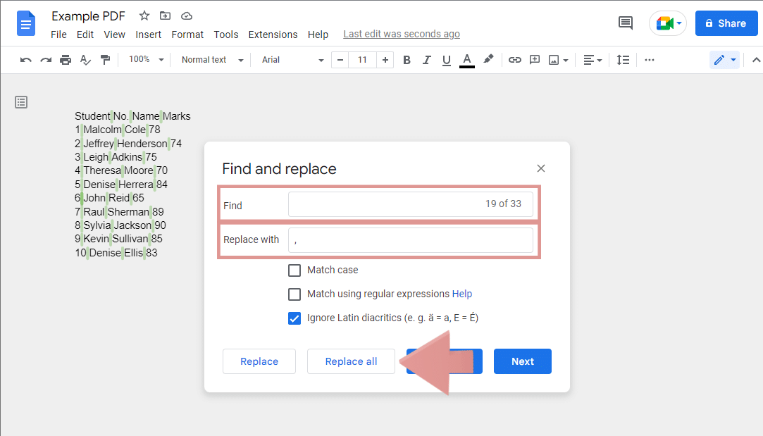 Use find and replace to convert to CSV