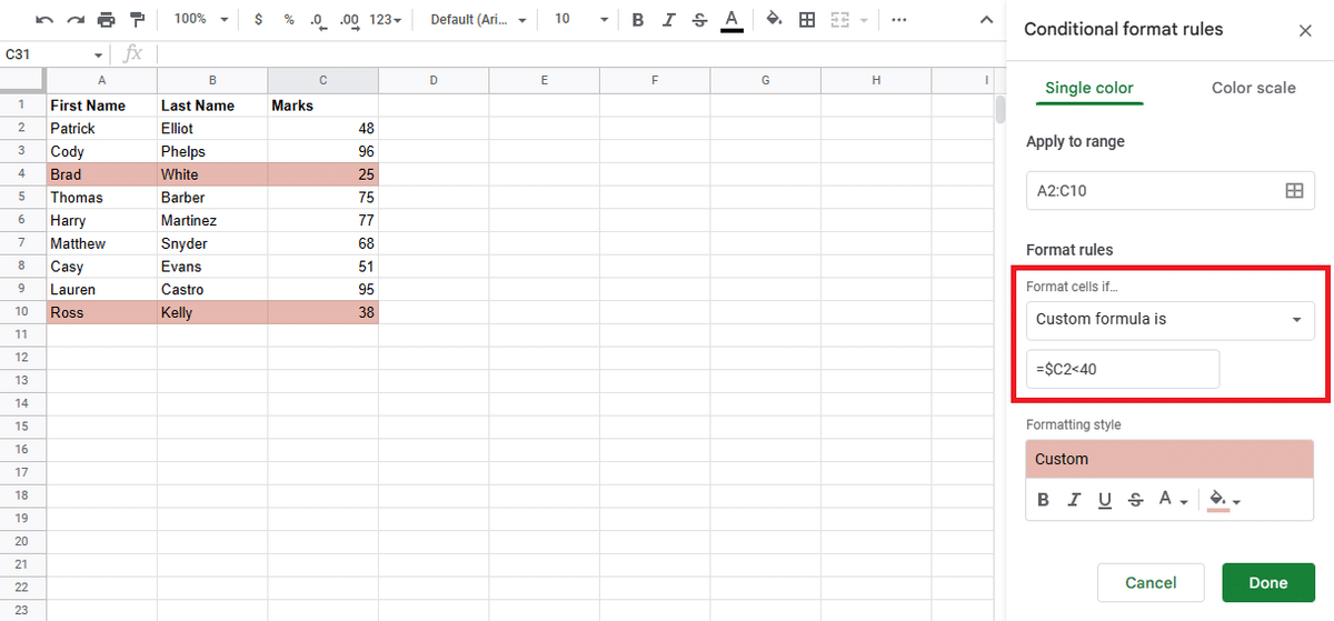 Using a custom formula to highlight entire rows in Google Sheets