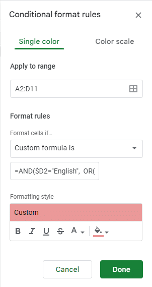 Using a custom formula with the AND and OR function