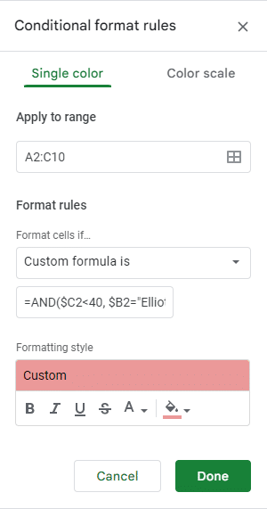 Using a custom formula with the AND function