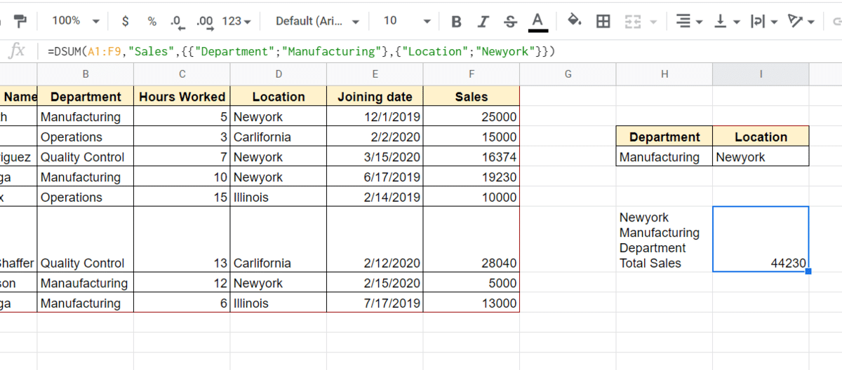 Using DSUM criterion inside the formula instead of the cell references