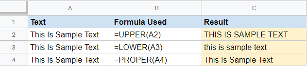 Using formulas to change case in Google Sheets