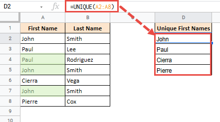 Using Google Sheets UNIQUE Function to Find Unique values in a Single Column