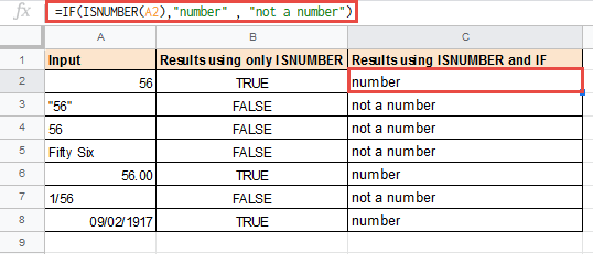 Using ISNUMBER with IF in Google Sheets