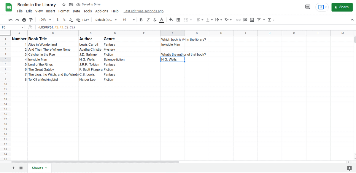 using lookup in google sheets to find author