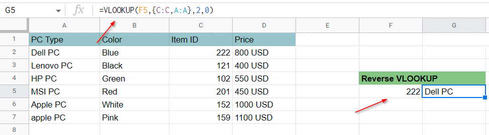 Using reverse VLOOKUP