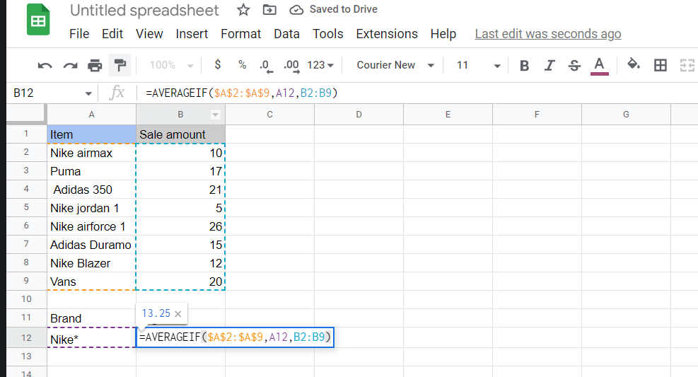 Using the averageif Google Sheets function to average Nike shoes