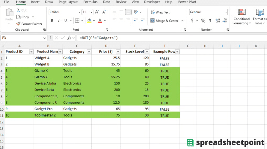 Use conditional formatting to highlight cells based on the results of the NOT Function in Excel.