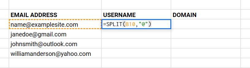 Using the SPLIT function in Google Sheets