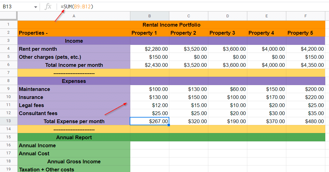 Using the SUM function to find expenses for the month