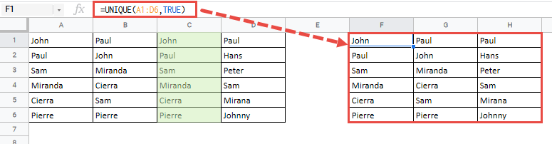 Using UNIQUE Function to Filter Data by Column