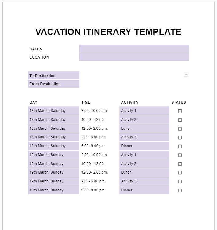 Vacation itinerary template for Google Docs