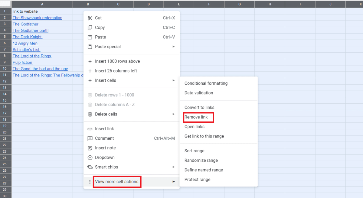 View more cell actions > Remove hyperlinks with the whole sheet selected