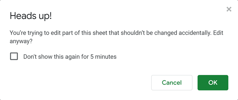 Warning for trying to edit protected cells