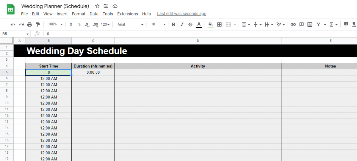 Wedding day schedule template for Google Sheets