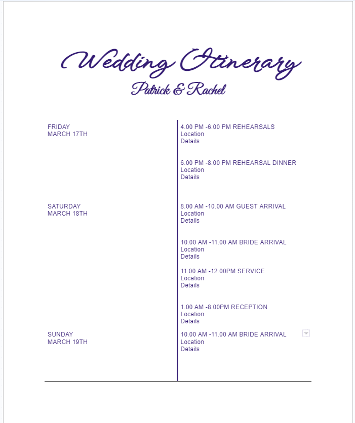 Wedding itinerary for Google Docs