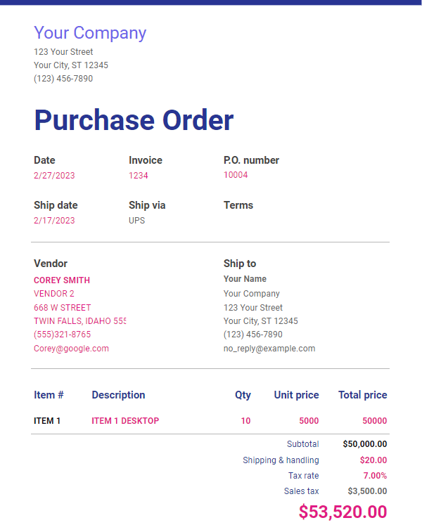 what a purchase order in google sheets looks like