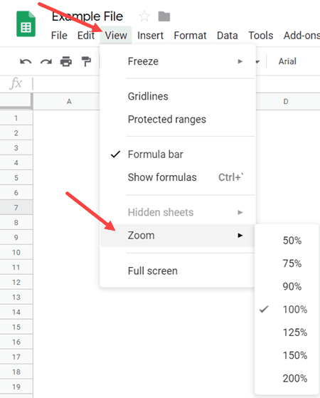 Zoom in and Zoom Out in Google Sheets Using the View drop-down menu