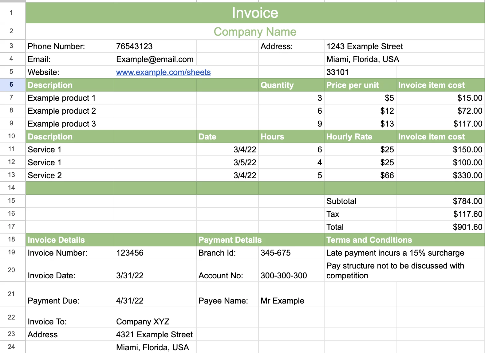 completed invoice in google sheets